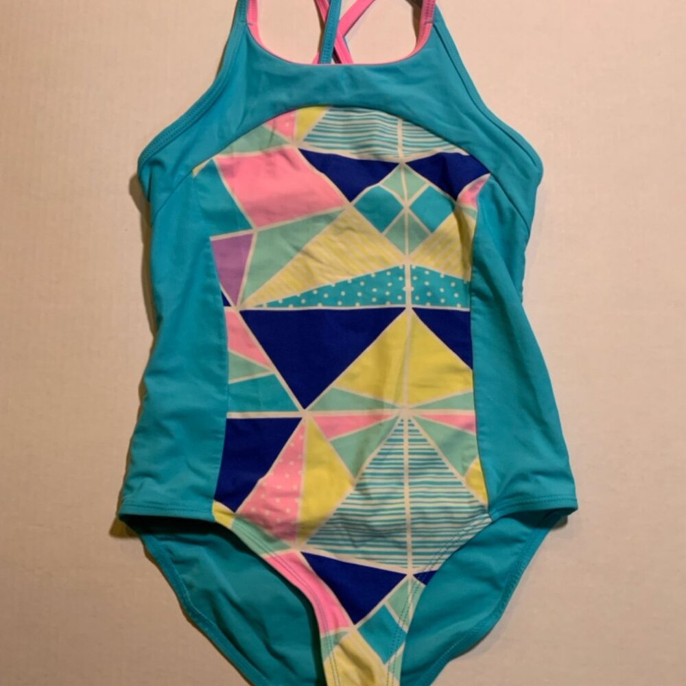 Vtg Joe Boxer Girls LG 10/12 Retro Look Geometric Criss Cross One Piece Swimsuit